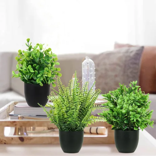 Miniatura 2 de LELEE Plantas artificiales en maceta, 12 piezas pequeñas de eucalipto en maceta de hierba sintética con maceta negra para decoración del hogar