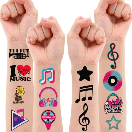 Miniatura 8 de (96 piezas) Notas musicales motivacionales musicales precortadas tatuajes temporales para niños, suministros de fiesta temática de cumpleaños, Normal