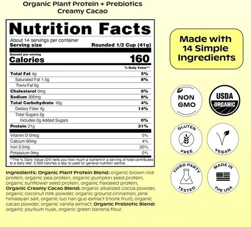 Miniatura 8 de wholier Proteína vegetal orgánica en polvo + prebióticos y aminoácidos, 0.74 oz de proteína de chocolate en polvo, USDA orgánico, apoyo