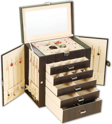 BOOVO Joyero para mujer, organizador de joyas grande de 6 capas con espejo, caja de almacenamiento multifunción con cerradura, soporte de accesorios