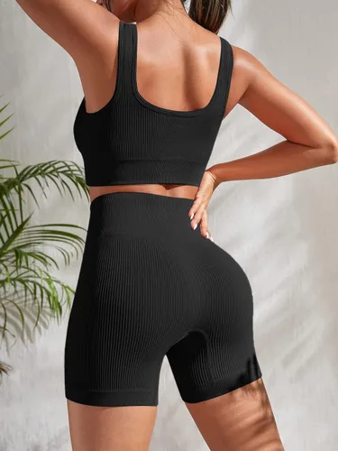 Miniatura 3 de YWBIN Conjunto de entrenamiento de 4 piezas para mujer, sin costuras, acanalado, cintura alta, pantalones cortos de yoga con brasier deportivo