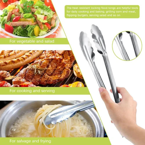 Miniatura 5 de Chengu Juego de 18 pinzas de cocina de acero inoxidable con anillos deslizantes de 7 pulgadas, pinzas de cocina antideslizantes para ensalada