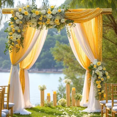 Miniatura 5 de Tela para Cubrir Arco de Boda, 1 Panel de 28" x 19 pies de Tela de Gasa Blanca y 1 Panel de 16" x 19 pies de Tela de Gasa con Lentejuelas Dorada