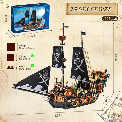 Miniatura 5 de Mini kit de construcción de barco pirata de 1328 piezas, bloques creativos del Caribe Adventure Kits de construcción, regalo perfecto