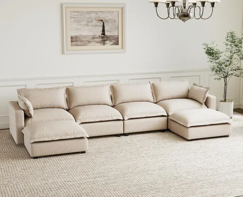 Miniatura 11 de chairus Sofá modular modular de 97 pulgadas con asiento profundo otomano movible, juego de sofá de lino con almohadas suaves en forma de L para sala