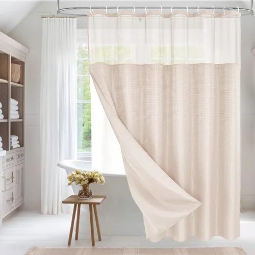 Miniatura 14 de MitoVilla Cortina de ducha pequeña beige de 36 x 72 pulgadas, juego de cortina de ducha de tela de punto gofre de tamaño medio estrecho con forro