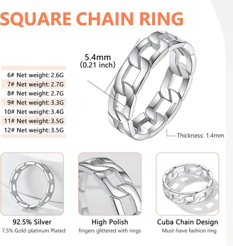 Miniatura 5 de Silvora Anillos de plata de ley 925, anillos de cadena para mujeres y hombres, anillo de eternidad vintage, anillo de joyería tamaño 6-12