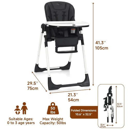 Miniatura 7 de INFANS Silla alta para bebés y niños pequeños, silla alta plegable con respaldo ajustable múltiple, reposapiés y altura del asiento, bandeja Negro