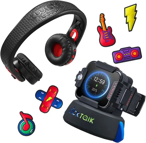 TickTalk Paquete 4 todo en uno reloj negro 4 en red GSMA auriculares negros base de alimentación negra dijes de reloj rock