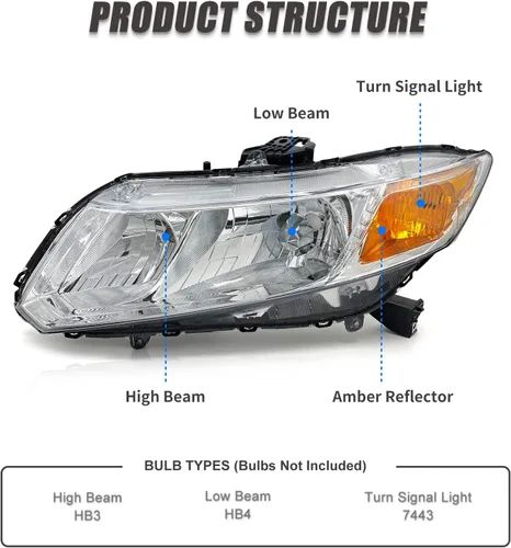 Miniatura 3 de para Ensamble de Faro para Honda Civic 4P Puertas Sedán 2012 2013 2014 2015, compatible con Honda Civic 2P Puertas Coupé 2012-2013, Lente Carcasa