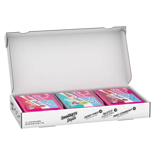 SweeTARTS Ropes Candy, caja variada, suave y masticable, 18 paquetes envueltos individualmente de 3.5 onzas, 63 onzas