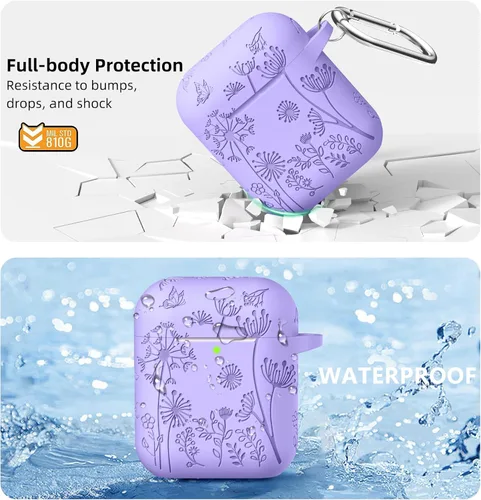Miniatura 3 de Lerobo Funda con grabado de flores para AirPods, elegante protector de silicona suave con llavero, compatible con Apple AirPods de 1ª/2ª