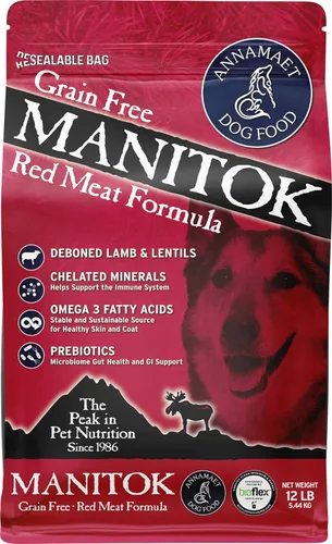 Annamaet Alimento seco para perros con fórmula de carne roja Manitok sin granos, (cordero fresco), bolsa de 12 libras