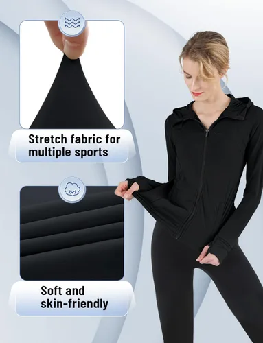 Miniatura 5 de CHAMWEY Chaquetas para correr para mujer, ajuste delgado, resistente al viento, agujeros para el pulgar, bolsillos con cremallera completa