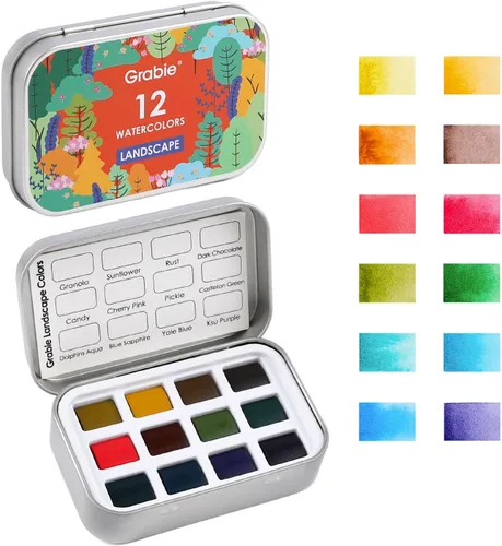 Miniatura 10 de Grabie Juego de 12 acuarelas de bolsillo, juego de pintura de acuarela de viaje, pinturas de acuarela, suministros de arte para pintura, gran juego