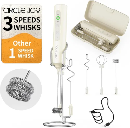 Miniatura 9 de CIRCLE JOY Varita espumadora de leche recargable de mano con 3 velocidades variables, 3 batidores y caja de almacenamiento, mezclador eléctrico