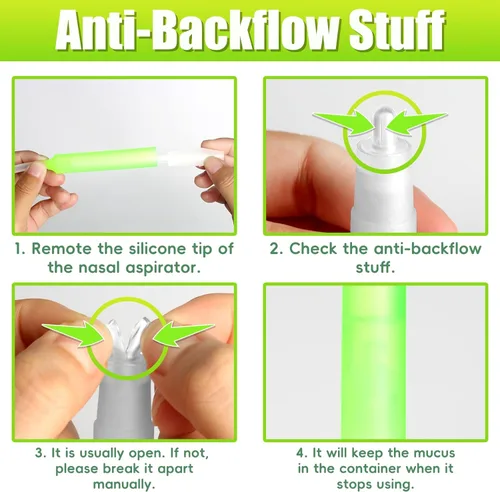Miniatura 8 de Aspirador nasal para bebé, alivio de la congestión nasal con 25 filtros de higiene, 2 puntas de silicona con pinzas de limpieza nasal, color verde