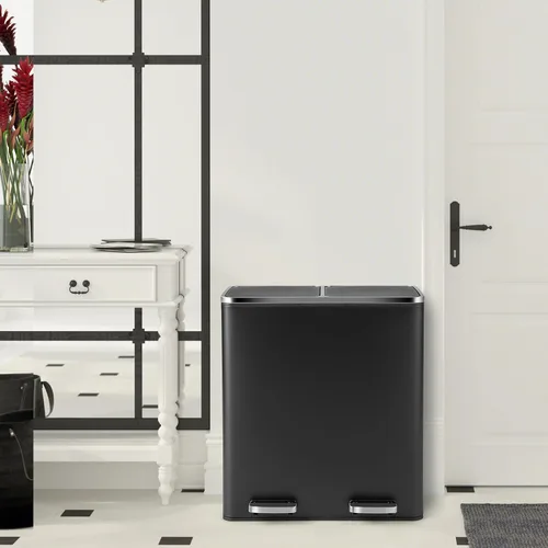 Miniatura 8 de Goplus Basurero doble de 60 litros (2 x 30 L)/16 galones de acero inoxidable, cubo de basura rectangular con cubos interiores y tapas con bisagras