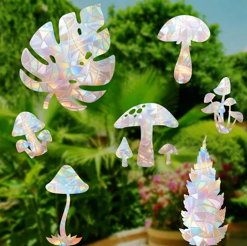 Miniatura 6 de STICKERGURU - 16 calcomanías de ventana de hongos y hojas, calcomanías anticolisión para salvar a los pájaros de colisiones de ventanas, vinilo
