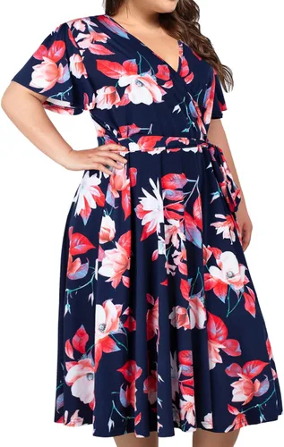 Miniatura 2 de kissmay - Vestidos de cóctel florales con cuello en V para mujer, talla extragrande, con bolsillo