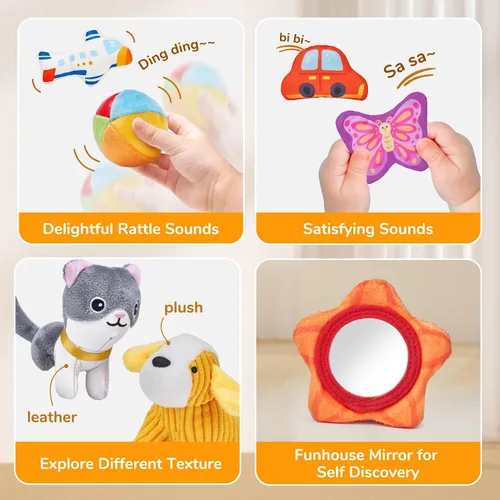 Miniatura 7 de JoyCat Juguetes para bebés de 6 a 12 meses - Caja misteriosa de tela suave con 10 objetos sensoriales, sonajero, papel arrugado, espejo - ¿Qué hay