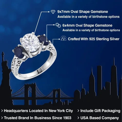 Miniatura 2 de Gem Stone King Anillo de plata de ley 925 con moissanita blanca y zafiro azul de 3 piedras para mujer
