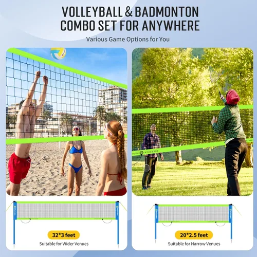 Miniatura 7 de Outdoor Volleyball & Badminton Combo Net Set for Backyard, Beach with 2 Nets, Adjustable Poles, 4 Aluminum Rackets, PU Volleyball, Portable Carry