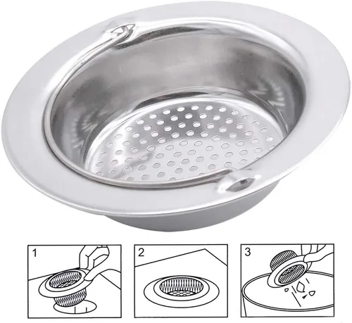 Miniatura 7 de Paquete de 2 coladores para fregadero de cocina con asa, acero inoxidable de alta calidad, tapón de eliminación de basura para fregadero de cocina