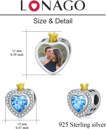 Miniatura 5 de LONAGO Abalorio personalizado con foto para mujer, plata de ley 925, con forma de corazón, piedra natal simulada