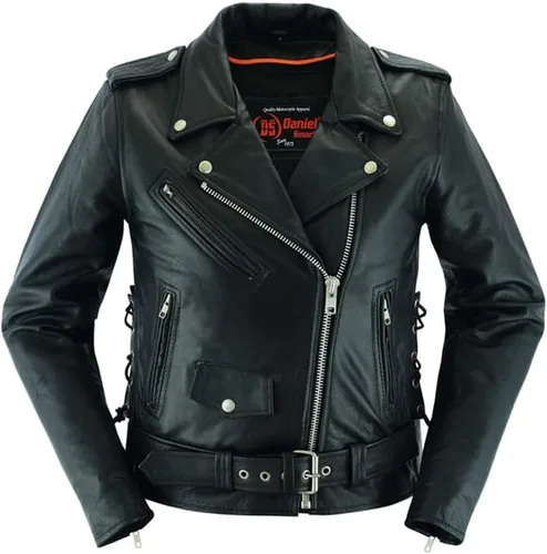 Daniel Smart - Chaqueta de motociclista de piel de vaca real para mujer, con cordones laterales y forro con cremallera