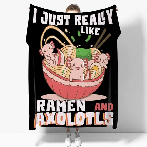 Manta suave con texto en inglés "I Just Really Like Ramen and Axolotls", manta de sherpa cálida y esponjosa para dormitorio, sala de estar, sofá,