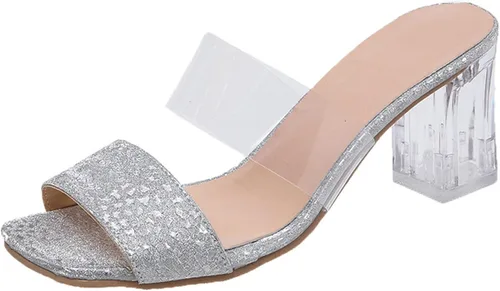 Women Sandals Ladies Shoes Summer Slip On Transparent Glitter Crystal Chunky Heel Sandals Zapatos de gimnasio mujeres