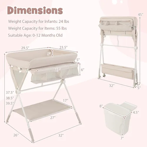 Miniatura 7 de BABY JOY Cambiador portátil para bebé, estación de cambio de pañales plegable con ruedas, altura ajustable, estante de almacenamiento grande
