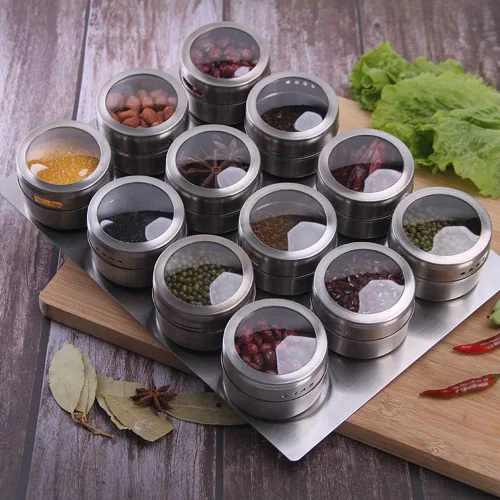 Miniatura 2 de 12 recipientes magnéticos para especias - Base de acero inoxidable montada en la pared - Fácil de instalar 12 LATAS MAGNÉTICAS DE ESPECIAS CON