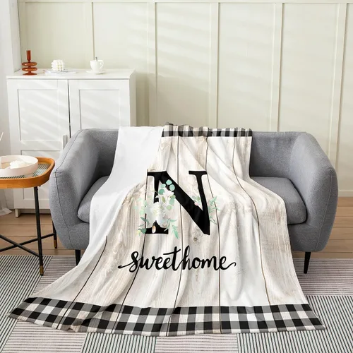 Miniatura 23 de Erosebridal Flower Initial S Flannel Blanket White Floral Flowers Fleece Blanket,40"X50",Personalized Letters Fuzzy Plush Throw for Sofa Beige Negro