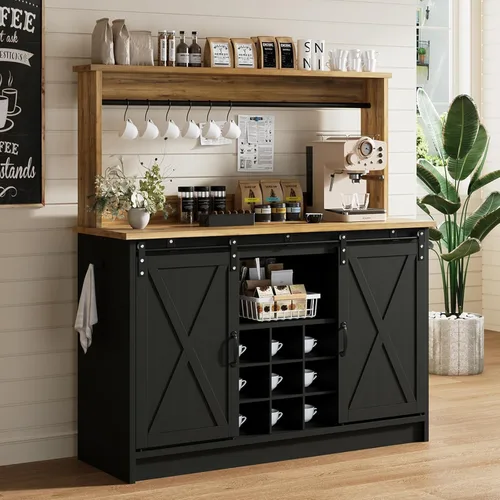 Miniatura 15 de 4ever2buy - Gabinete de café-bar de granja con aparador, gabinete de buffet de 31 pulgadas con puerta corrediza de granero, gabinete de barra
