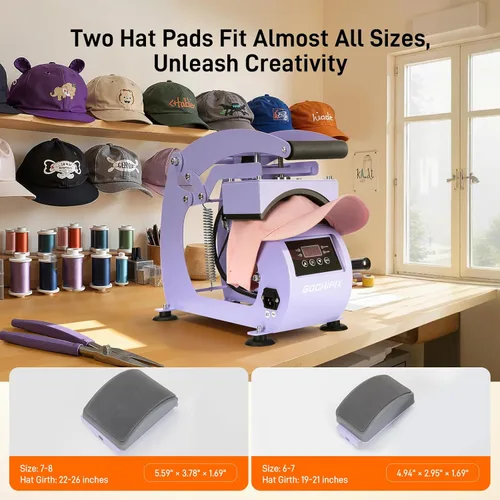 Miniatura 6 de GOCHIFIX Prensa de Calor, Control Preciso de Temperatura/Temporizador, Placa de Calor Curvada de 6.54"x3.84", 2 Almohadillas para Sombrero, Morado