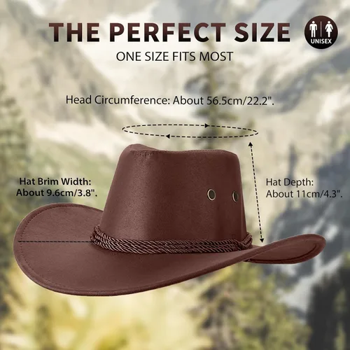 Miniatura 3 de Mens Faux Felt Western Cowboy Hat Fedora Outdoor Wide Brim Cowgirl Hat with Strap