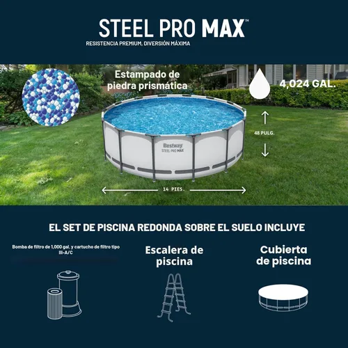 Miniatura 3 de Bestway Steel Pro MAX - Juego de piscina para exteriores con estructura de metal redonda de 14 pies x 48 pulgadas con bomba de filtro de 1,000