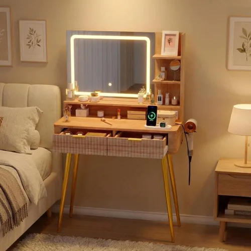 Miniatura 12 de Garvee Tocador de 31.5 pulgadas de ancho con silla, tocador para mujer con taburete, espejo LED, soporte para secador de pelo, toma de corriente, 3