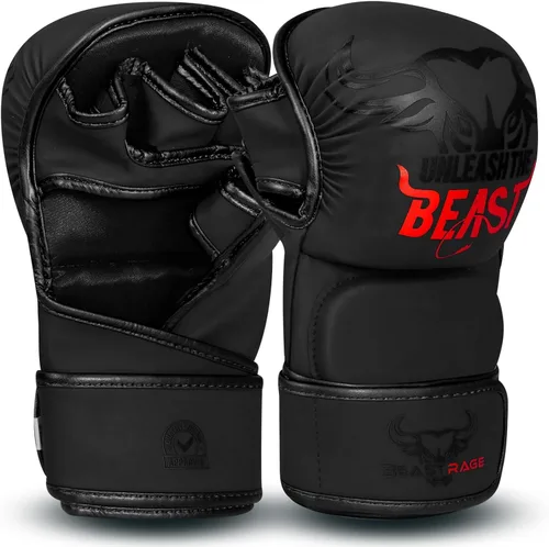 Miniatura 11 de BEAST RAGE Guantes MMA para Hombres Mujeres, Muñequeras Ajustables de Palma Abierta para Artes Marciales Grappling Sparring para Muay Thai Lucha