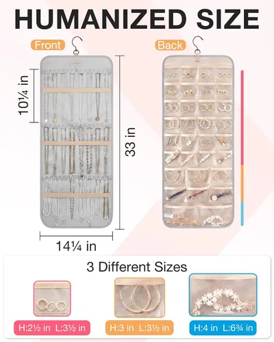 Miniatura 5 de BAGSMART Organizador de joyas colgante rollo de almacenamiento con ganchos de metal de doble cara para aretes, collares, anillos en el armario, Gris