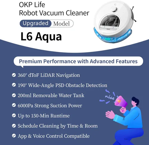 Miniatura 2 de OKP Life Robot aspiradora L6 Aqua, navegación LiDAR, 3.7 pulgadas súper delgada, 6000 Pa potente succión, 150 minutos, aspiradora robótica