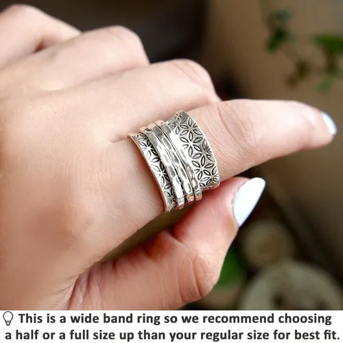 Miniatura 5 de Boho-Magic Anillo giratorio de plata de ley 925 para mujer flor de la vida Fidget anillos banda