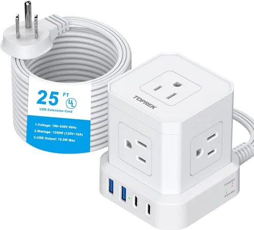 Miniatura 9 de TOPREK Regleta de alimentación con USB, USB C (3.0 A) con 5 tomas, 2 USB-C y 2 USB-A, cable de extensión plano de 5 pies con enchufe plano Negro-5FT