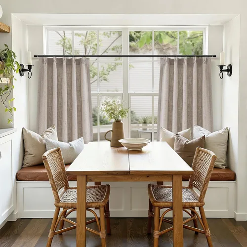 Miniatura 2 de Juego de 2 paneles de cortinas de ventana de cocina beige de 24 pulgadas de largo, con textura de lino, plisadas, filtrantes de luz, semi pequeñas