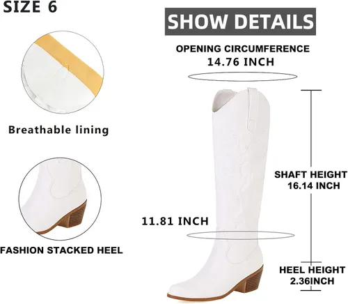 Miniatura 6 de MeiLuSi Botas vaqueras para mujer, hasta la rodilla, botas vaqueras con punta puntiaguda, tacón grueso, zapatos de gamuza con bordado