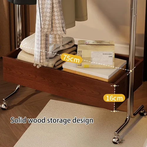 Miniatura 5 de Perchero de metal con ruedas, con estante de almacenamiento de madera, estantes de ropa rodantes para colgar ropa, perchero para dormitorio, Negro