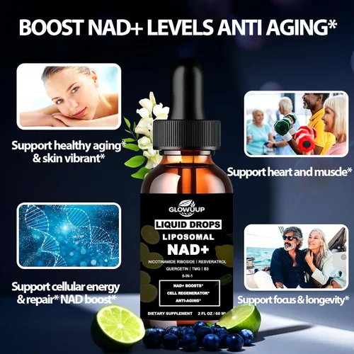 Miniatura 3 de Suplementos NAD para mujeres y hombres, liposomal NAD nicotinamida ribósido resveratrol 900 mg con vitamina B3 quercetina TMG, resveratrol líquido