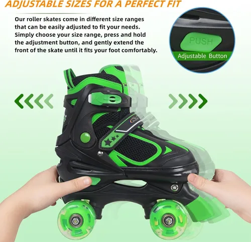 Miniatura 4 de Nattork - Patines de ruedas para niños y niñas, 4 tamaños, patines ajustables con ruedas iluminadas, divertidos patines para niños pequeños, Verde